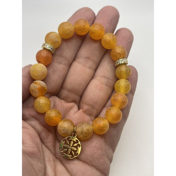 Rustic Cuff Orange Crackled Agate Stone Stretch Bracelet New - Picture 5 of 8